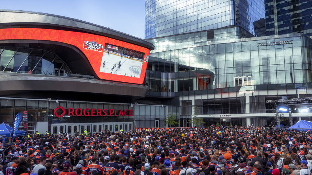 The ICE District Plaza filld with fans during the 2022 NHL Playoffs